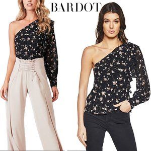 $79 BARDOT S Black Floral One Shoulder Ruffle Blouse Top Single Puff Sleeve NWOT